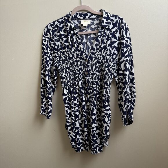 Anthropologie Maeve Alexa Bird Print Linen Blend Smocked Tunic Top Size Small - Picture 2 of 7